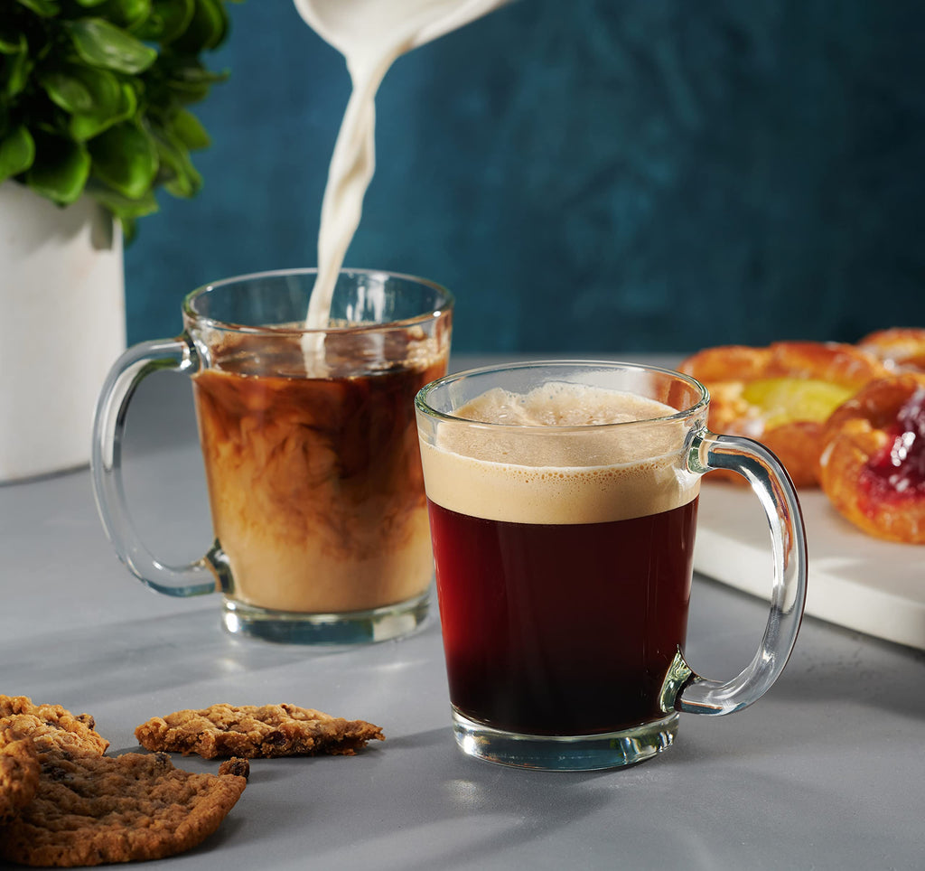 Godinger Coffee Mugs, Italian Made Glass Coffee Mug with Handle, Hot Beverage Tea Cups, Glass Cups, Drinking Glasses - 10oz., Set of 4