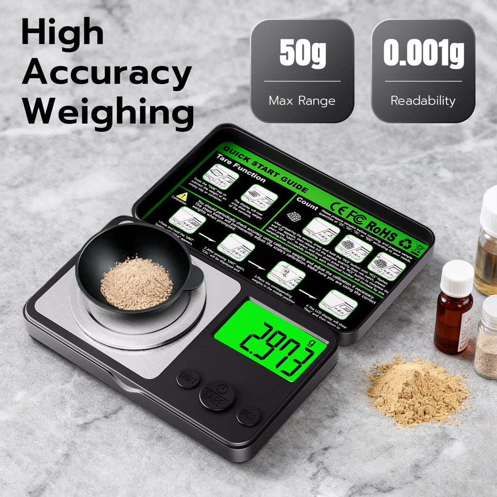 Wigearss High-Precision 50g x 0.001g Digital Scale – 7 Units, Backlit LCD, Tare & Calibration – Perfect for Jewelry, Gold, Herbs & More