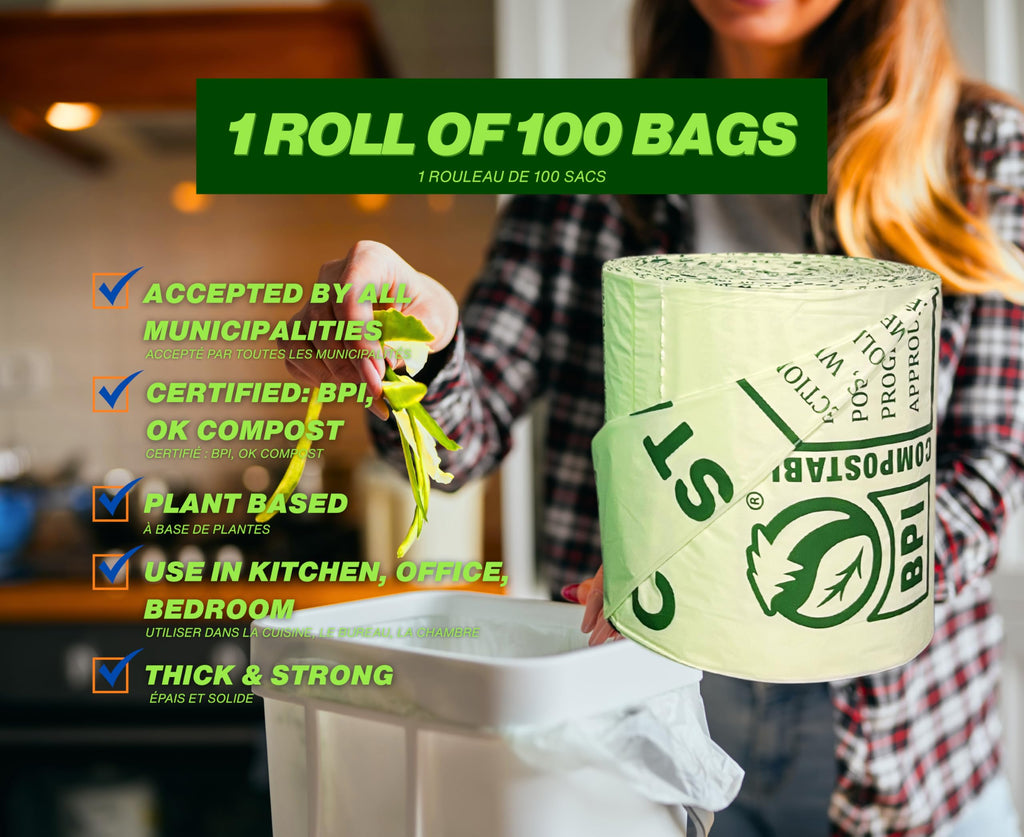 CALM N STRONG Certified Compostable Trash Bags - 100 Count - Small 10 Litre/2.6 Gal Kitchen Food Waste Bags - Unscented
