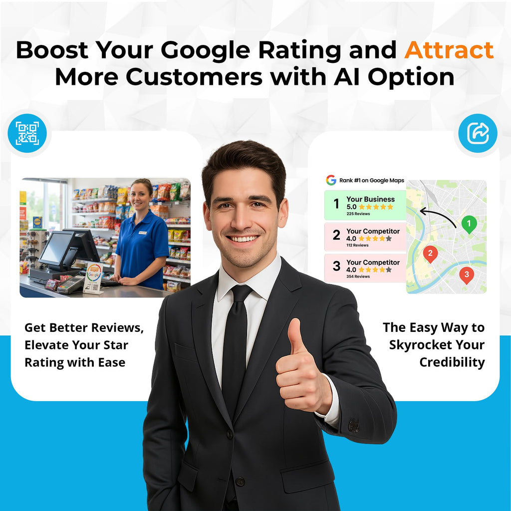 Google Review Tap Card Stand & QR Code Sign – Reusable NFC, No App or Subscription, iPhone & Android Compatible – Acrylic Counter Display to Boost Google Reviews for Business