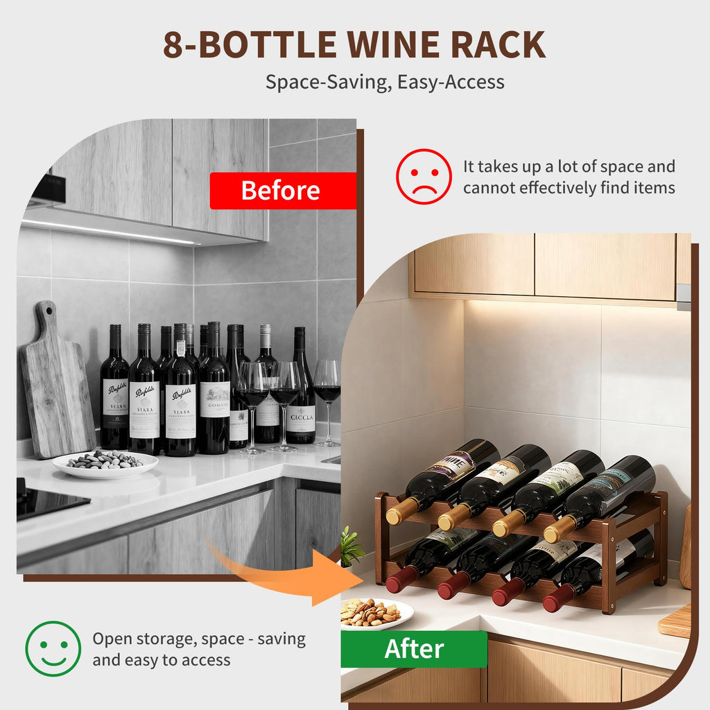 CAMOAT Wine Rack | 2-Tier Bamboo Wine Rack Organizer | Freestanding Floor & Countertop Wine Holder for 8 Bottles | Sturdy Wine Shelf | Perfect for Kitchen,Cabinets,Home Bar,Wine Storage (1, 2-Tiers)