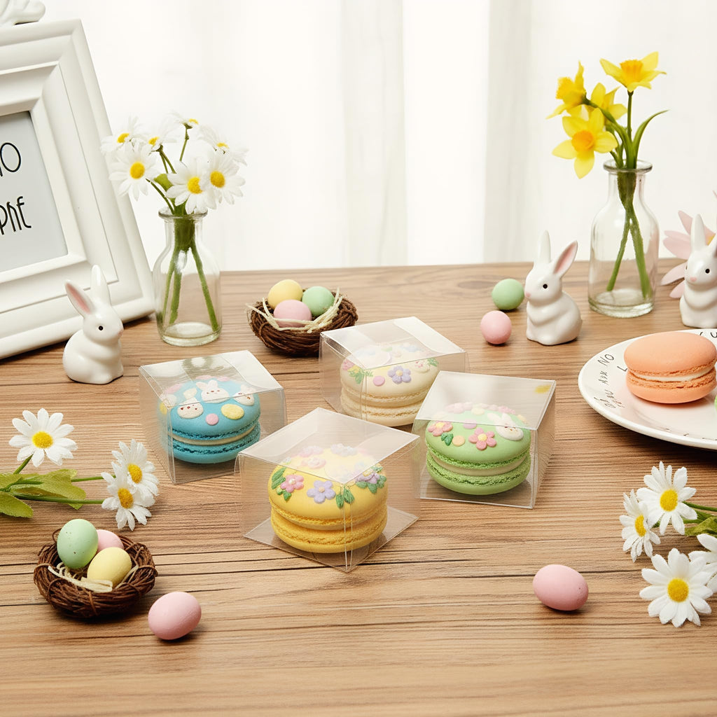 Nicunom 100 Pack Clear Macaron Boxes, Plastic Favor Boxes, 2.17" x 2.17" x 1.38" Bakery Boxes Candy Containers for Chocolate Cake Desserts Cupcakes Cookies Muffins Party Favors Packaging