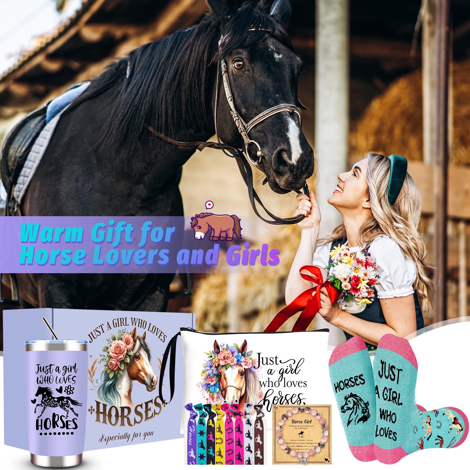 JTAMOHI Horse Lover Gifts for Girls, 6 Pcs Horse Stuff Cool Gifts for Horse Lovers with 20 Oz Tumbler Socks Makeup Bag Bracelet 8 Hair Accessories, Birthday, Christmas Gifts for Horse Lover