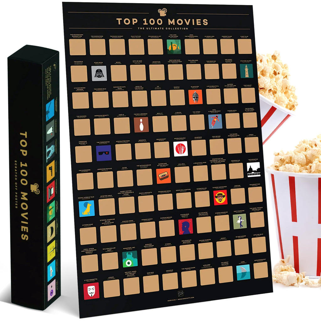 Enno Vatti 100 Movies Scratch Off Poster - Bucket List Movie Poster - Top Must-See Films for Movie Lovers - Date Night Ideas - Top Films of All Time Wall Decor - Cinema Challenge Chart - 42x59,4 cm