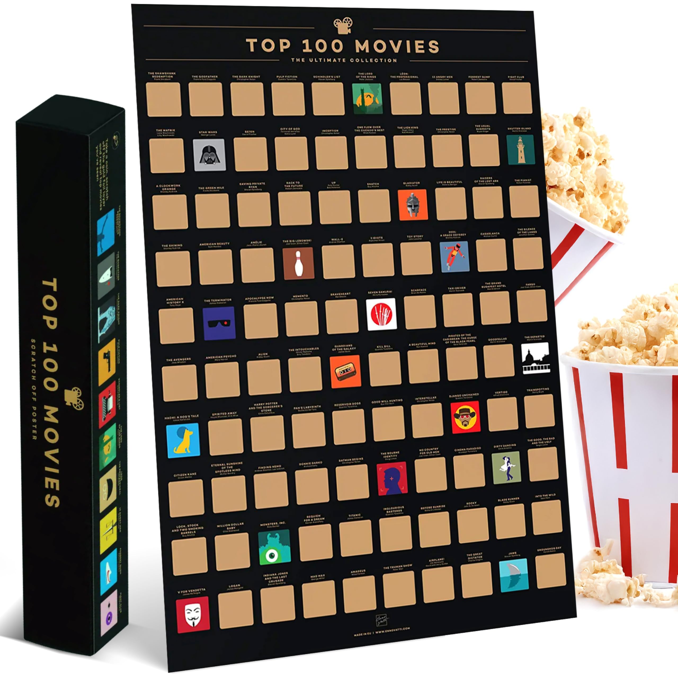 Enno Vatti 100 Movies Scratch Off Poster - Bucket List Movie Poster - Top Must-See Films for Movie Lovers - Date Night Ideas - Top Films of All Time Wall Decor - Cinema Challenge Chart - 42x59,4 cm
