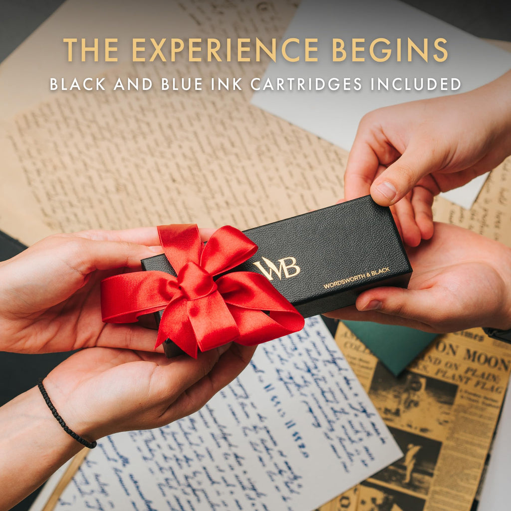 Wordsworth and Black Fountain Pen Mini EDC: Luxury Black Heavy Pocket Pen, Chrome Finish, Medium Nib, 6 Ink Cartridges, Ink Converter, Travel Refillable Writing Pen Gift Set, Men & Women