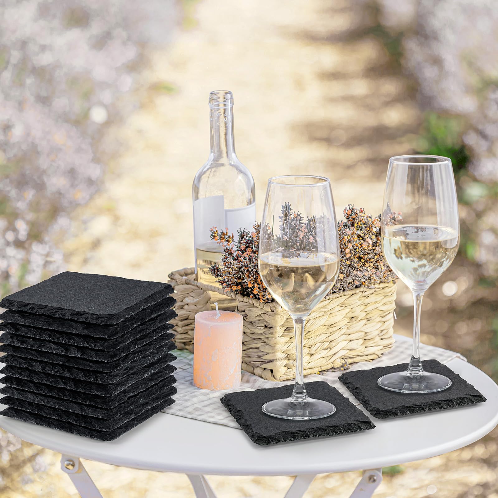Slate Coasters, MAPRIAL 4 Inch 12 Pieces Square Rustic Black Stone Coasters Set for Drinks with Anti-Scratch Backing for Bar, Table, Kitchen, Housewarming Gifts, Home, Decor