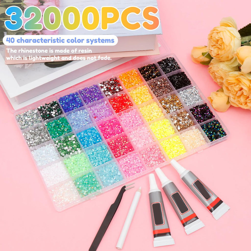 40 Colors Resin Jelly Rhinestones for Bedazzling Kit 32000 Pcs 3mm Flatback Rhinestones with Tweezers Pen 3Pcs B7000 Glue Bedazzling Gems Rhinestone Kit for Clothing Shoes Nail Cups DIY Crafts