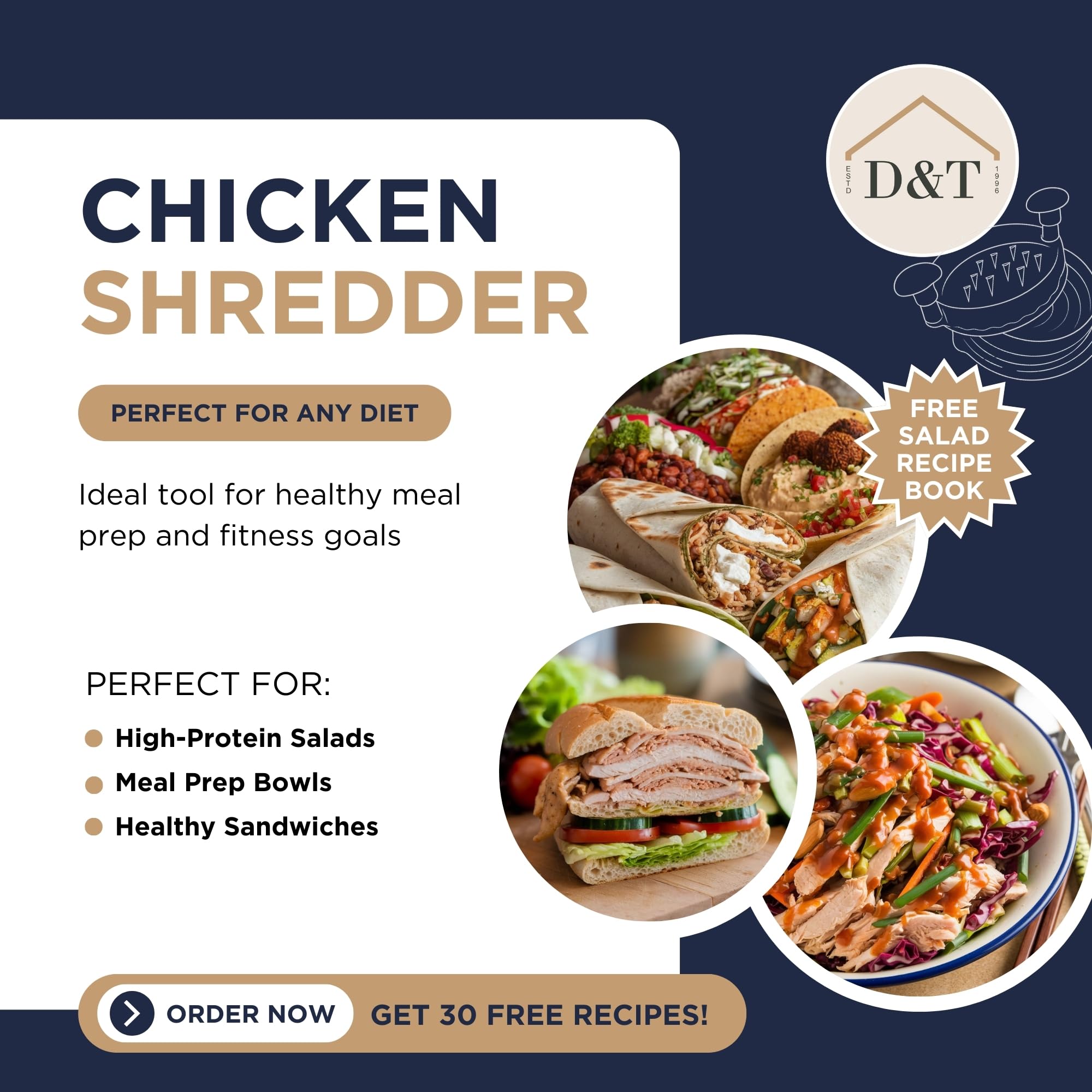 Chicken Shredder Large with Bonus: Free Salad Recipe Book – Chicken Shredder Tool with Middle Plate for Easier Use – BPA-Free and Dishwasher Safe, Ergonomic Handle, Razor-Sharp Teeth, Non-Slip Base