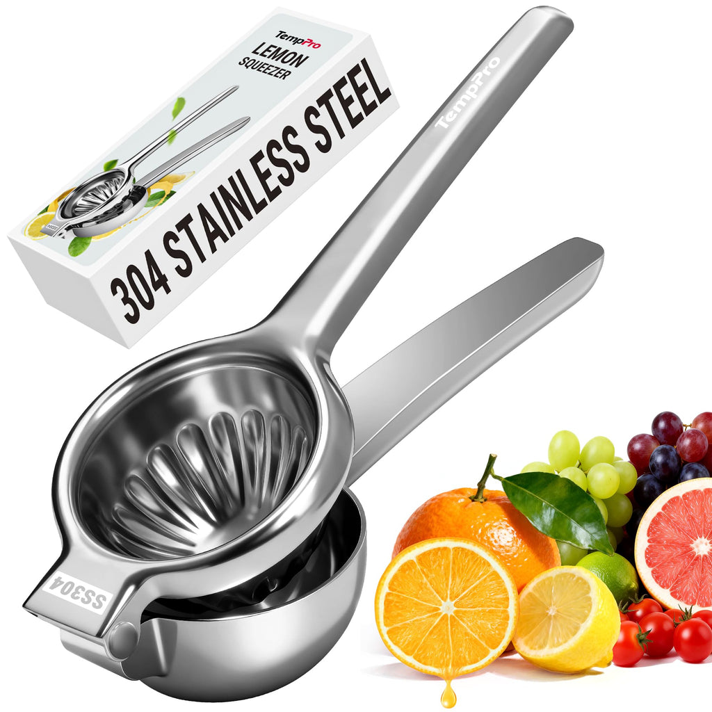 TempPro Lemon Lime Squeezer, 304 Stainless Steel Hand Press Citrus Juicer with Grooved Bowl & 8 Filter Holes, Heavy-Duty Hinged Handle, High Juice Yield, Easy to Use & Dishwasher Safe