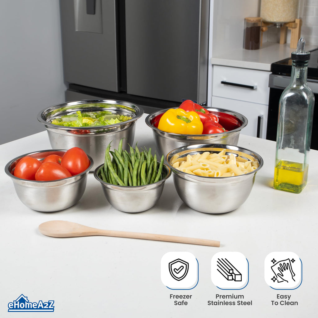 EHOMEA2Z Stainless Steel Mixing Bowls Set, Deep Mixing Bowls,Durable, Stackable,Food-Grade Safe,Rust and Corrosion Resistant Mixing Bowls Stainless Steel,Food Prep (5Pc Set)