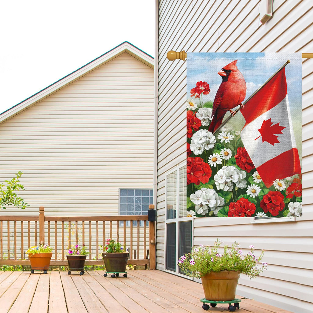 Louise Maelys Canada Day Garden Flag 28x40 Double Sided, Burlap Small Patriotic Geranium Daisy Floral Cardinal Welcome Canadian Outside Outdoor Yard Porch Lawn Decor (Only Flag)