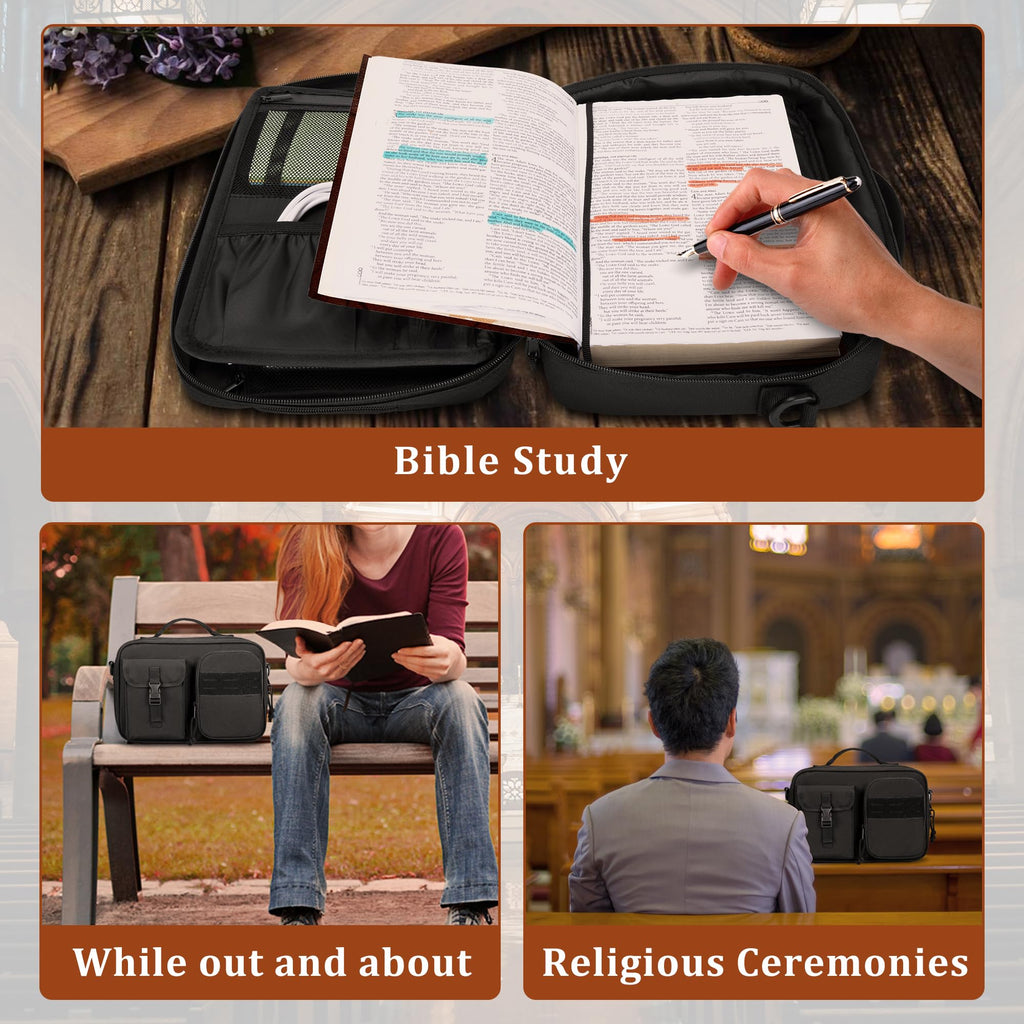 Damero Bible Cover for Men Women, Bible Carrying Case Church Bag with Pockets and Shoulder Strap, Black (Patent Pending)