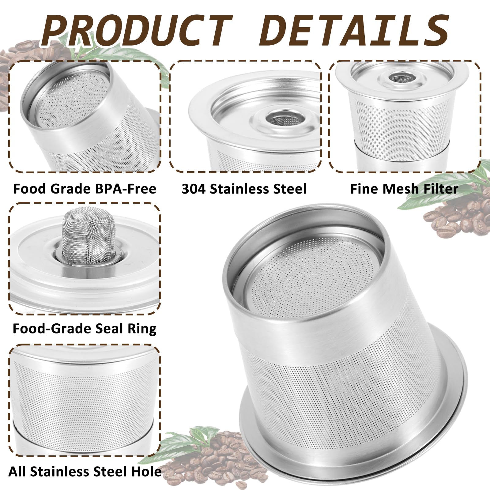 2Pack Reusable K Cups and Coffee Pods with Mesh for Ninja PB051 & CFP101/PB041, 304 Stainless Steel Reusable K Pod Permanent K Cups Compatible with Ninja Coffee Maker Accessories