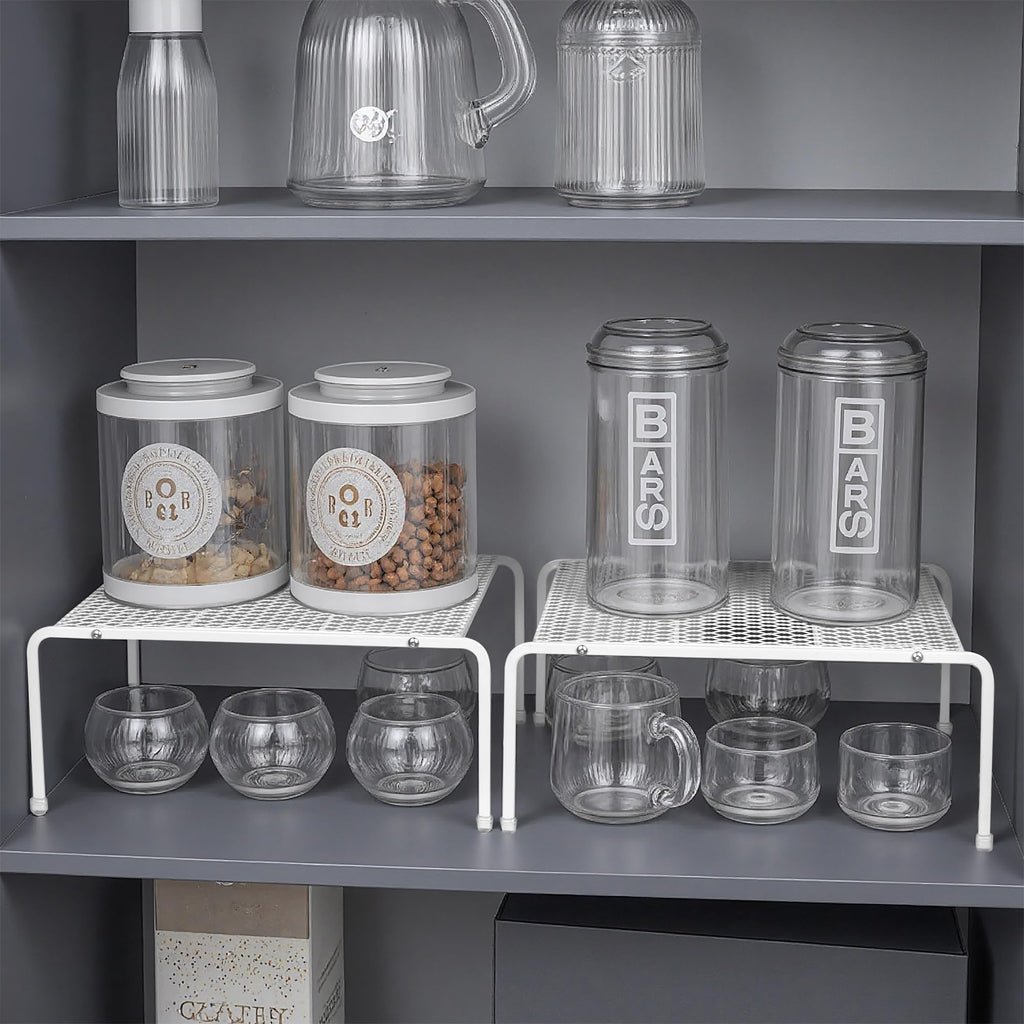 ROFAY 2-Pack Kitchen Cabinet Organizers and Storage Shelves, Metal Mesh Pantry Shelf Risers for Countertops and Cupboards, Expandable Rack for Dishes, Plates, Spices, and Jars - White
