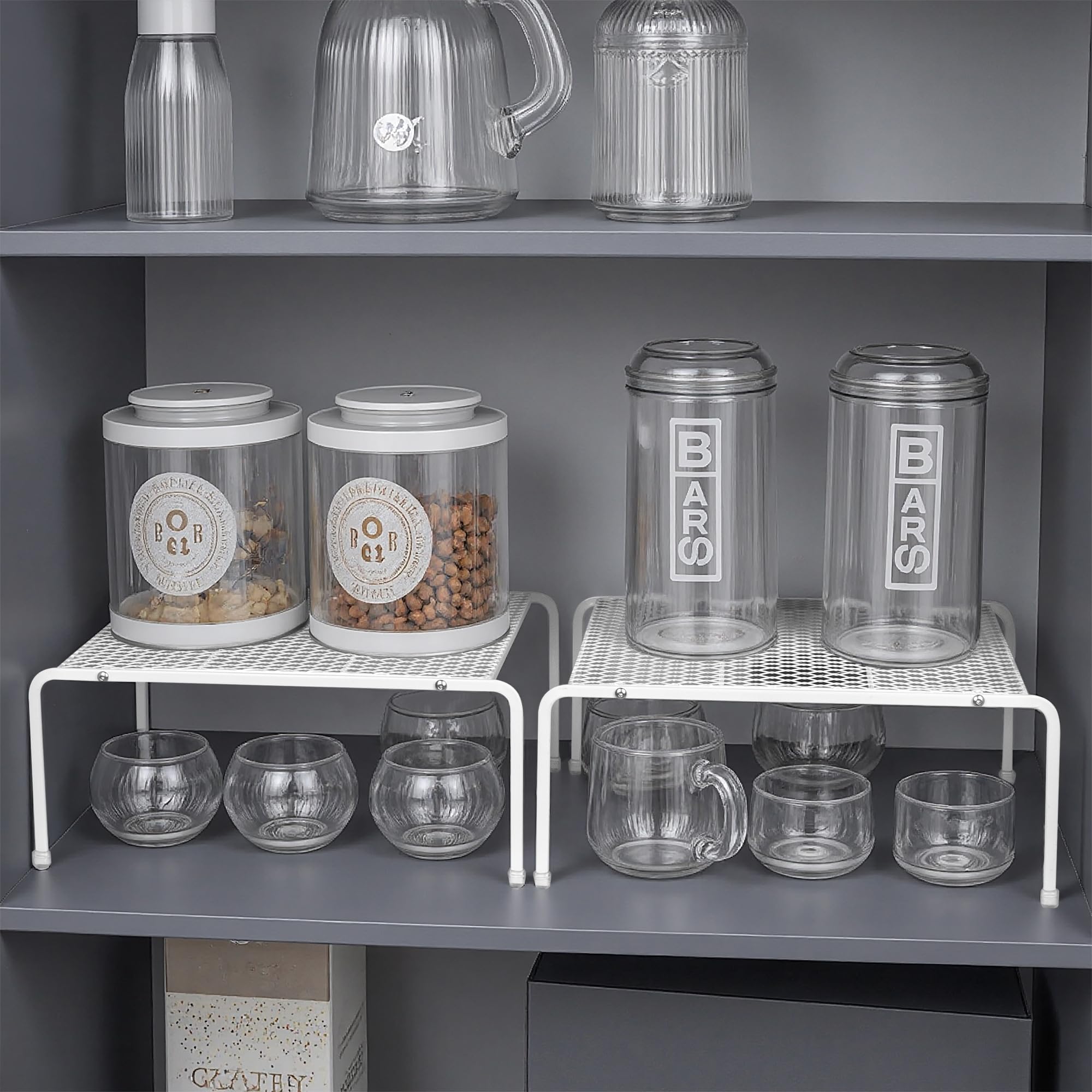 ROFAY 2-Pack Kitchen Cabinet Organizers and Storage Shelves, Metal Mesh Pantry Shelf Risers for Countertops and Cupboards, Expandable Rack for Dishes, Plates, Spices, and Jars - White