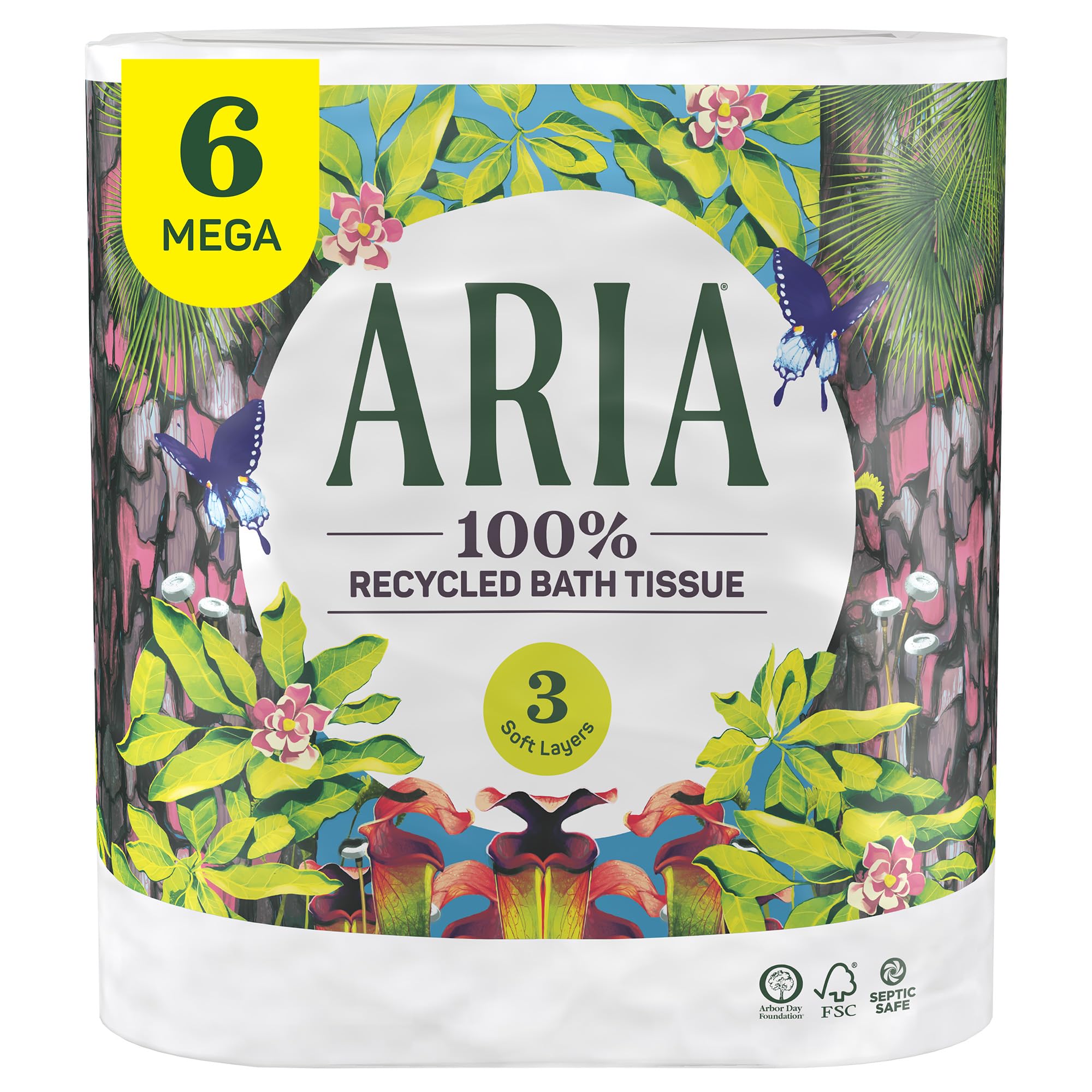 Aria 100% Recycled Toilet Paper, 1 Pack of 6 Rolls, 3 Soft Layers of Bath Tissue with Recyclable Paper Packaging