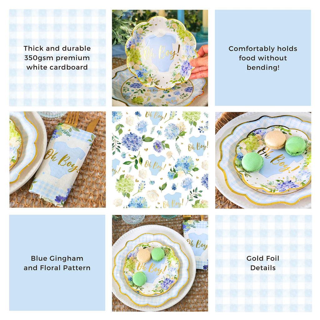 Kate Aspen Baby Shower Onesie Blue Floral & Gingham Tableware Set - 62pc. 16pcs 7 inch & 16pcs 9 inch Heavy Duty Disposable Party Plates, 30pcs 6.5 inch Durable Paper Napkins