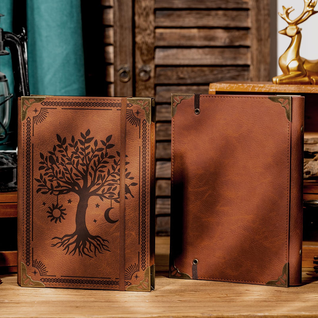 Ovesmusl PU Leather A5 Binder 6 Ring Refillable Journal 100 GSM 240 Pages Refill Paper Include A5 Planner Binder Loose Leaf Binder Notebook 5.7”x8.3”, Brown Tree