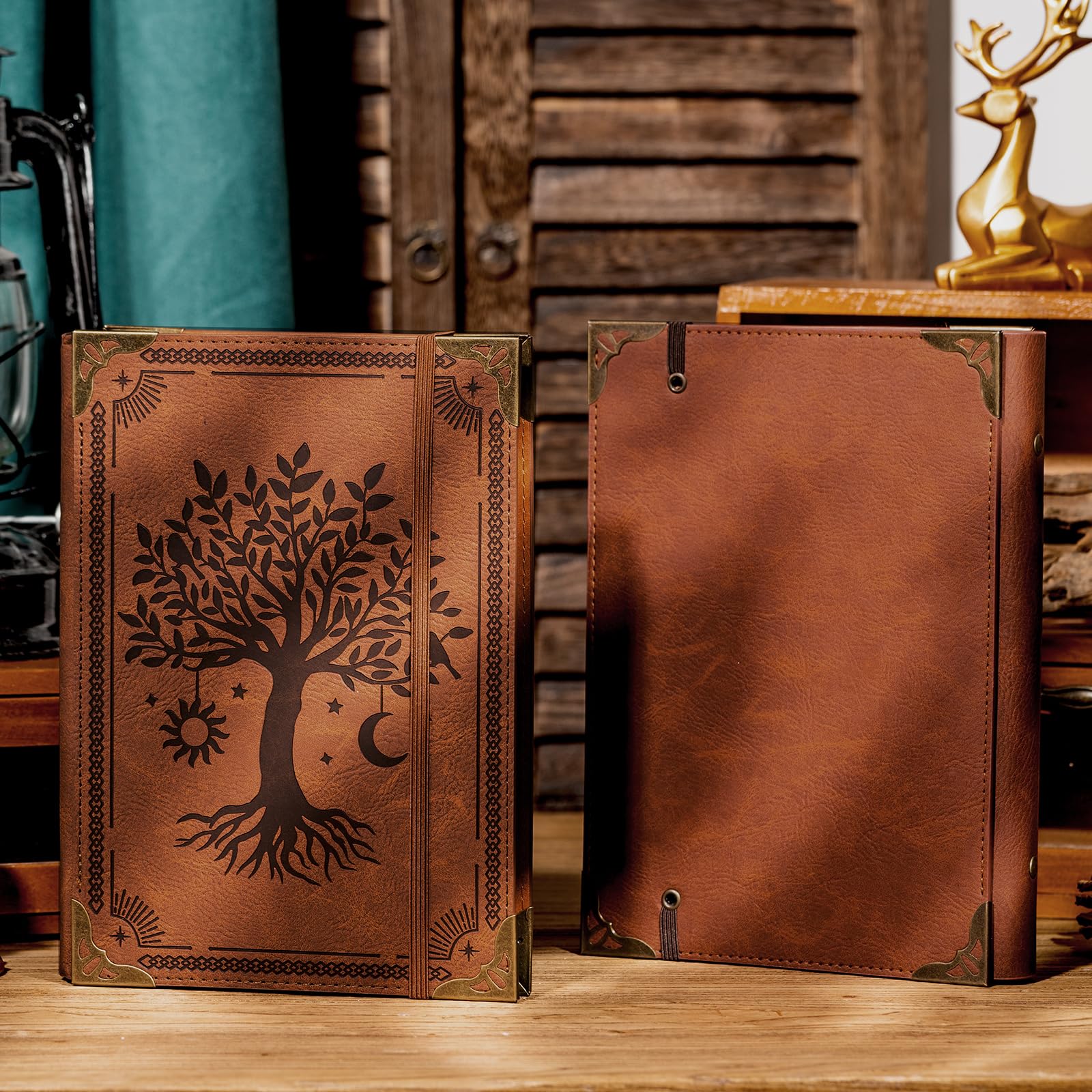 Ovesmusl PU Leather A5 Binder 6 Ring Refillable Journal 100 GSM 240 Pages Refill Paper Include A5 Planner Binder Loose Leaf Binder Notebook 5.7”x8.3”, Brown Tree