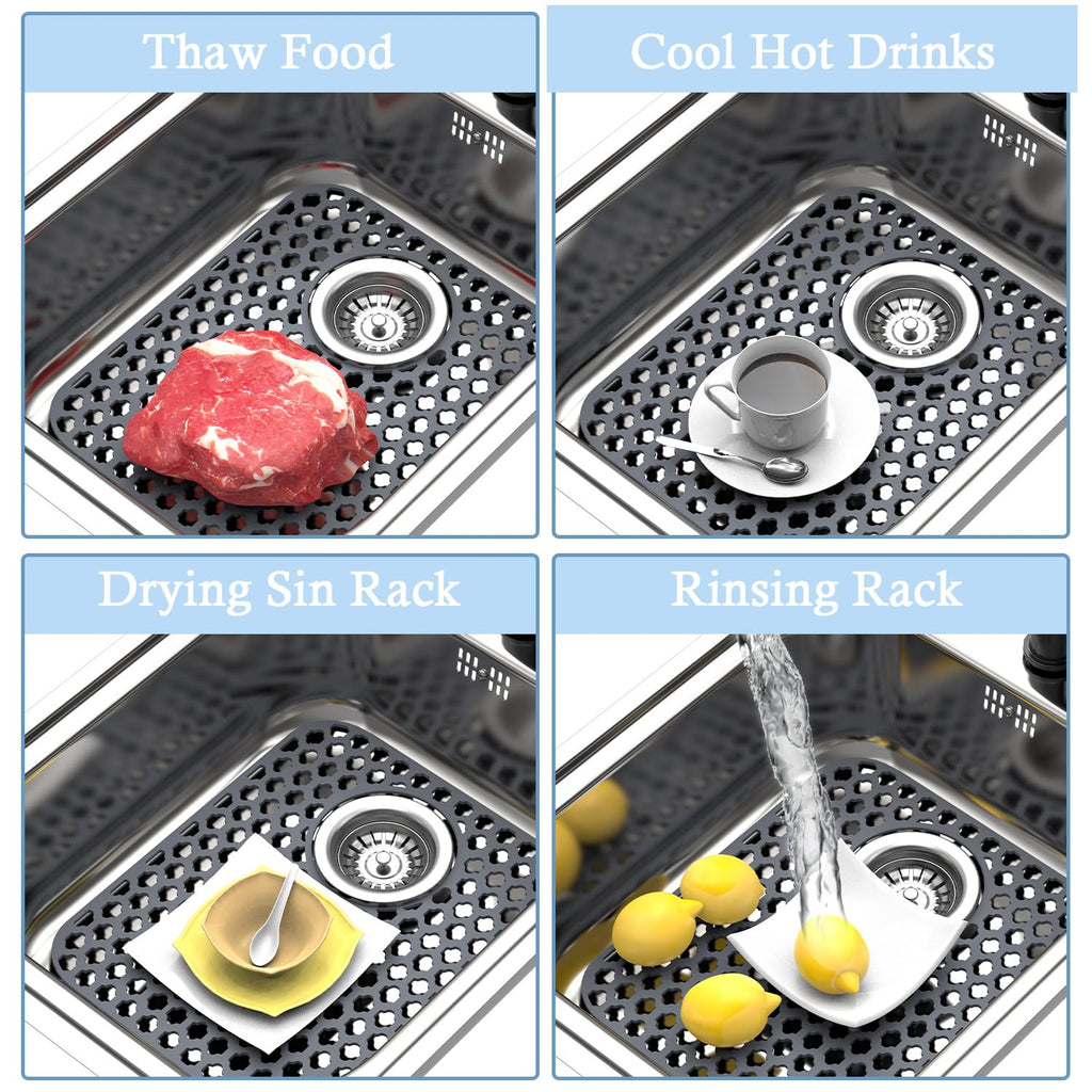 BEHOK 2 Pack Silicone Sink Protector for Kitchen Sink Bathroom Sink 13.58"x 11.6" Sink Mat, Non-Slip and Durable Silicone Sink Grid, Rear Drain (Gray)