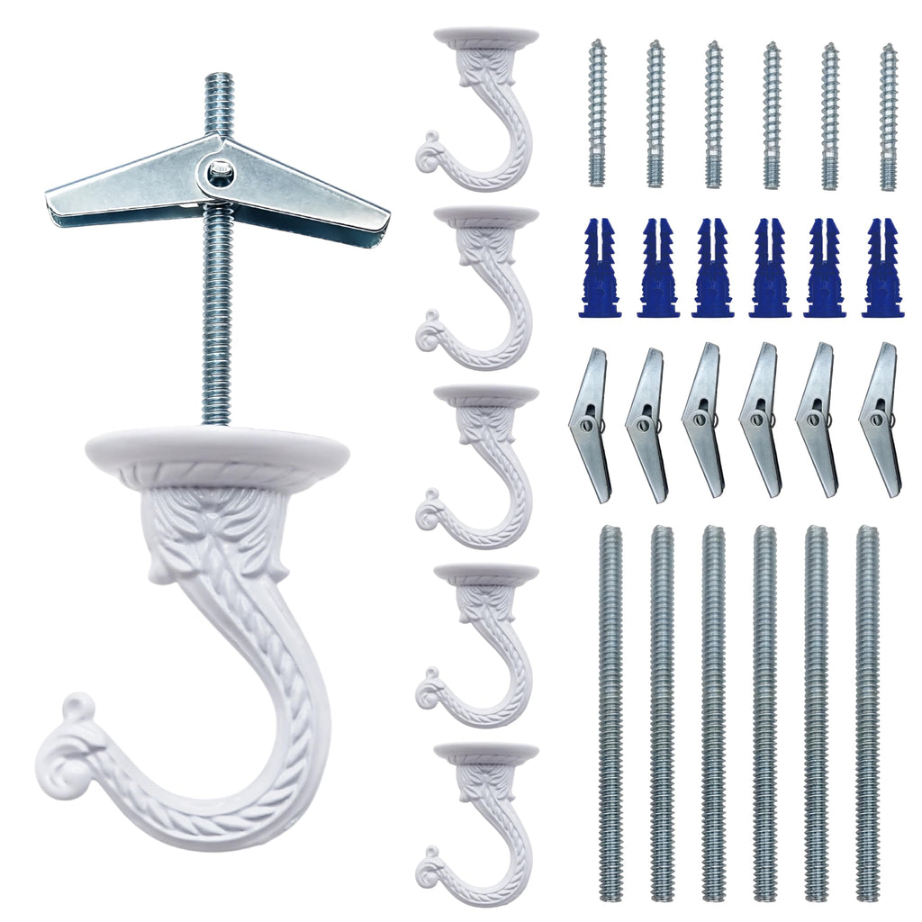 NACETURE E Style Ceiling Hooks for Hanging Plants – 6 Pcs White Plant Hooks for Hanging Baskets Outdoor or Indoor - Swag Hook for Ceiling with Toggle Hooks for Hanging Lights