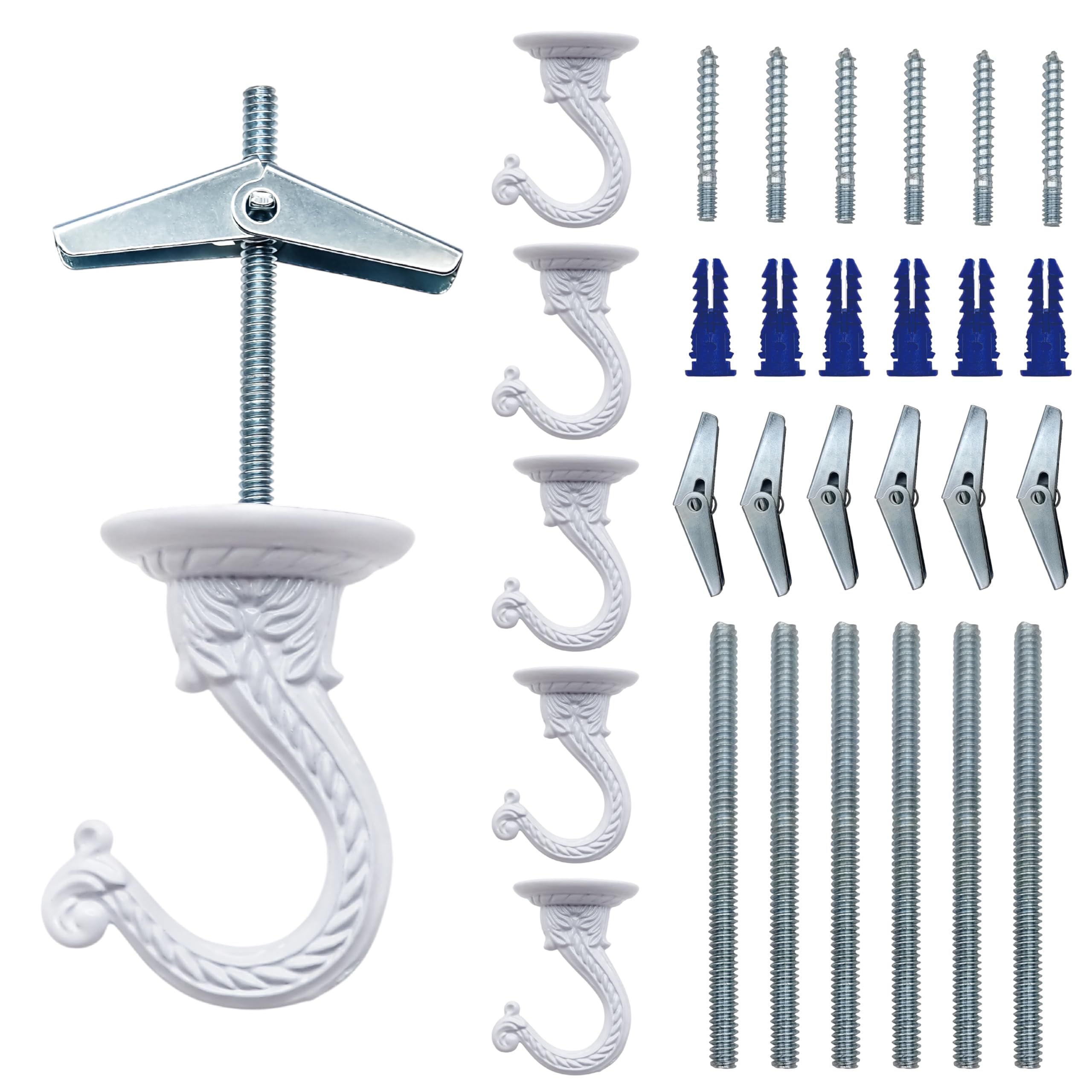 NACETURE E Style Ceiling Hooks for Hanging Plants – 6 Pcs White Plant Hooks for Hanging Baskets Outdoor or Indoor - Swag Hook for Ceiling with Toggle Hooks for Hanging Lights