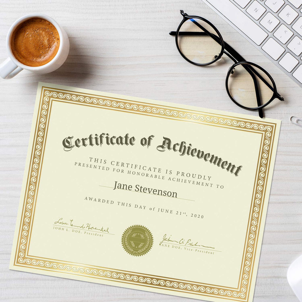 Sweetzer & Orange Plain Certificate Paper for Awards. Set of 50x, 180gsm Gold Border Achievement Certificates for Graduation Diploma, Employee of The Month, Diploma of Completion or Sports Victory