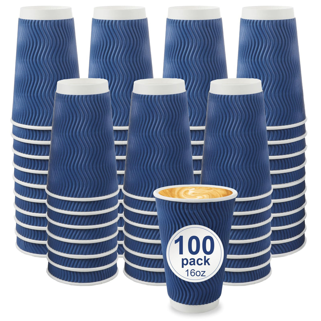 Coffee Cups, RAZCC 100 Pack 16 oz Disposable Insulated Paper Cups, Corrugated Kraft Ripple Wall Cup Suitable for Hot and Cold Drinks