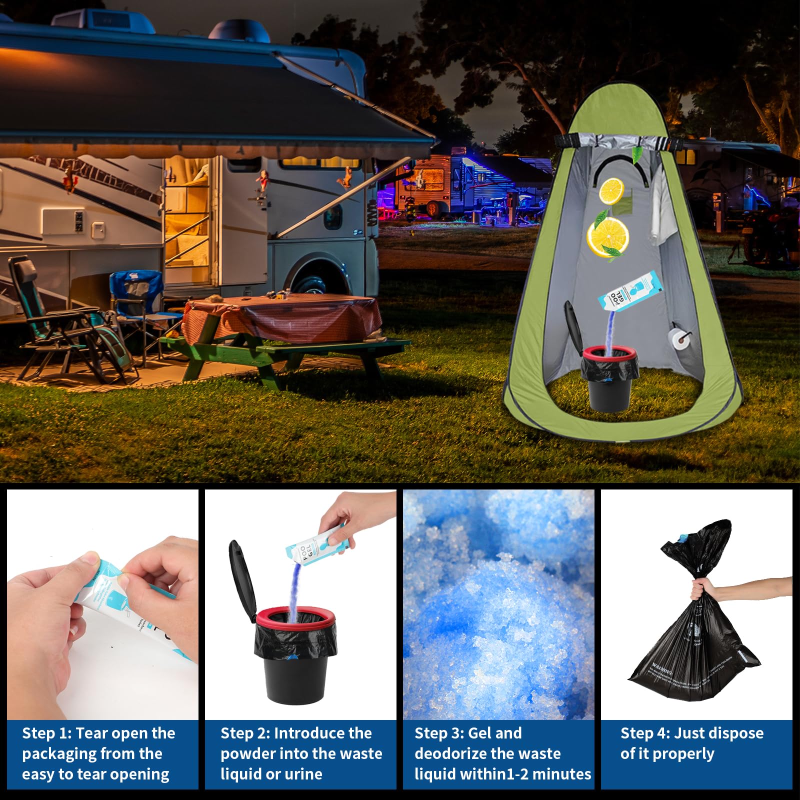 Portable Toilet Bags Poo Gel Set, 8 Gallon Camping Toilet Bag with Portable Absorbent Gel, Compostable Potty Bag for Camping Outdoor Hiking