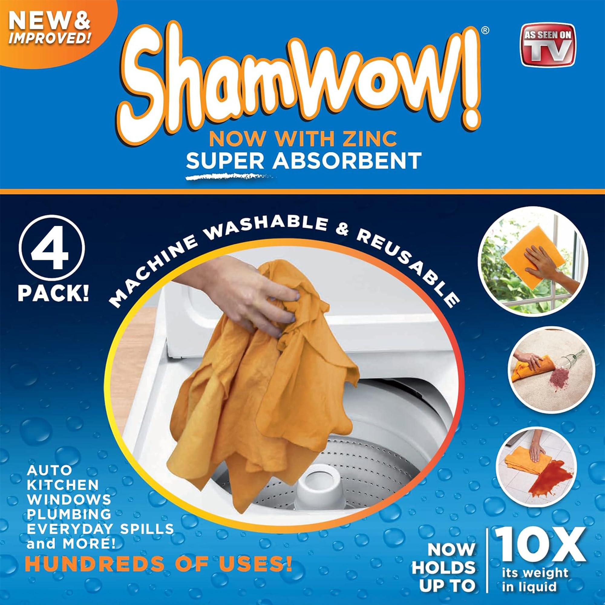 The Original Shamwow - Super Absorbent Multi-Purpose Cleaning Shammy Chamois Towel Cloth - Holds 10X its Weight in Liquid - Machine Washable - Will Not Scratch (4 Pack, 4 Large Orange)