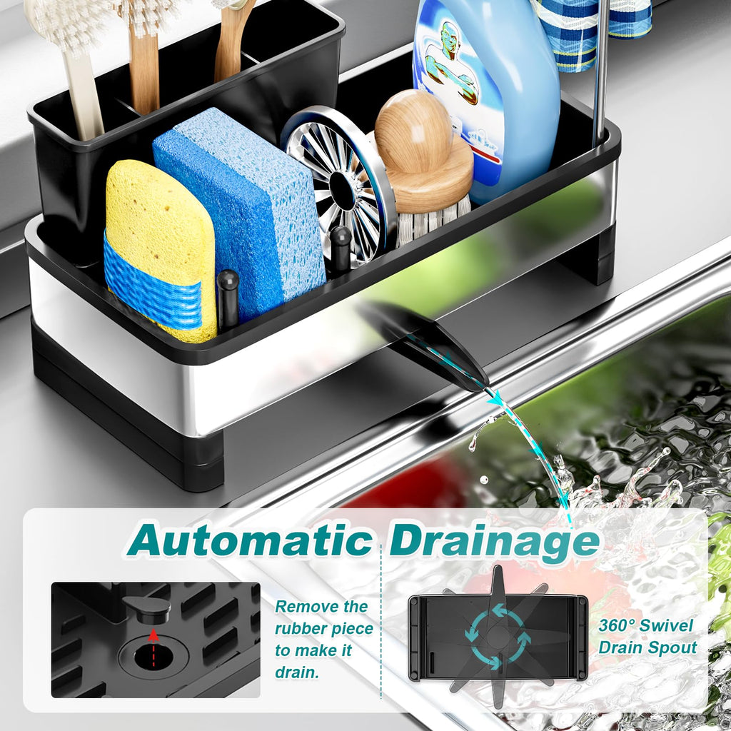 Ewaiira Stainless Steel Sink Caddy, Sponge Holder for Kitchen Sink with Brush Holder & Dishcloth Rack, Rustproof Sink Organizer Countertop, Soap Dispenser Kitchen Organizers Storage Essentials, Black