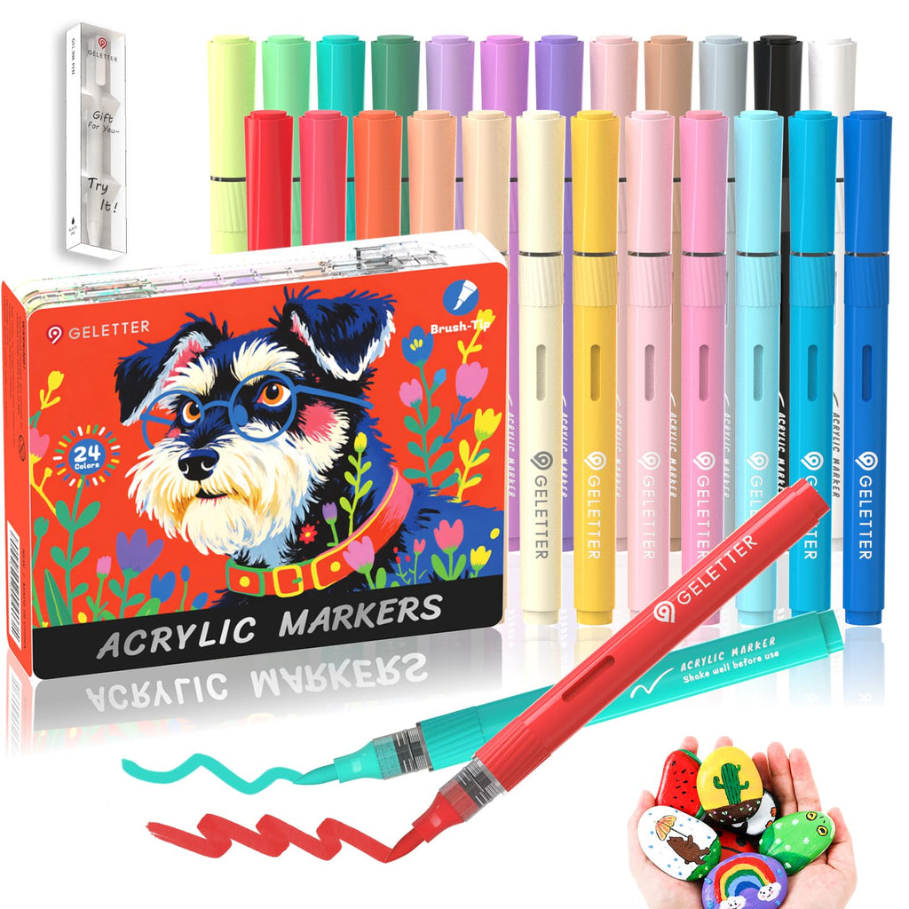 GELETTER Acrylic Paint Markers, Brush Tip Water-Based Automatic Ink Control Paint Pens for Rock Painting, Canvas, Wood, Glass & More (Extended Set-24ct)