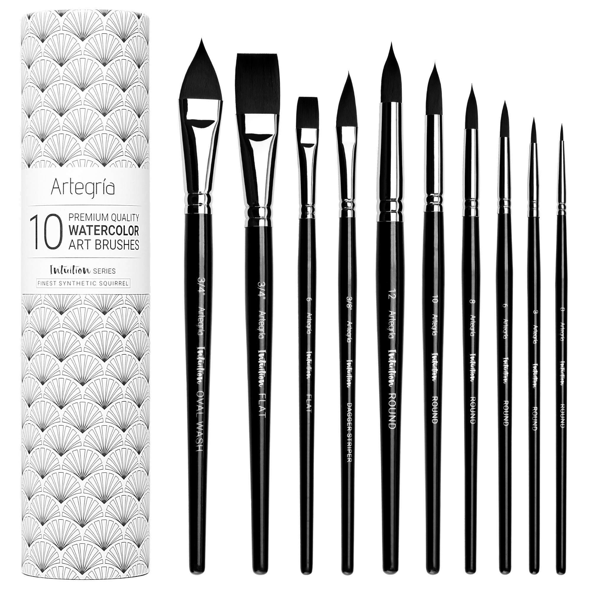ARTEGRIA Watercolor Brush Set, 10 Soft Synthetic Squirrel Paint Brushes, Including Pointed Rounds, Flats, Dagger, Oval Wash