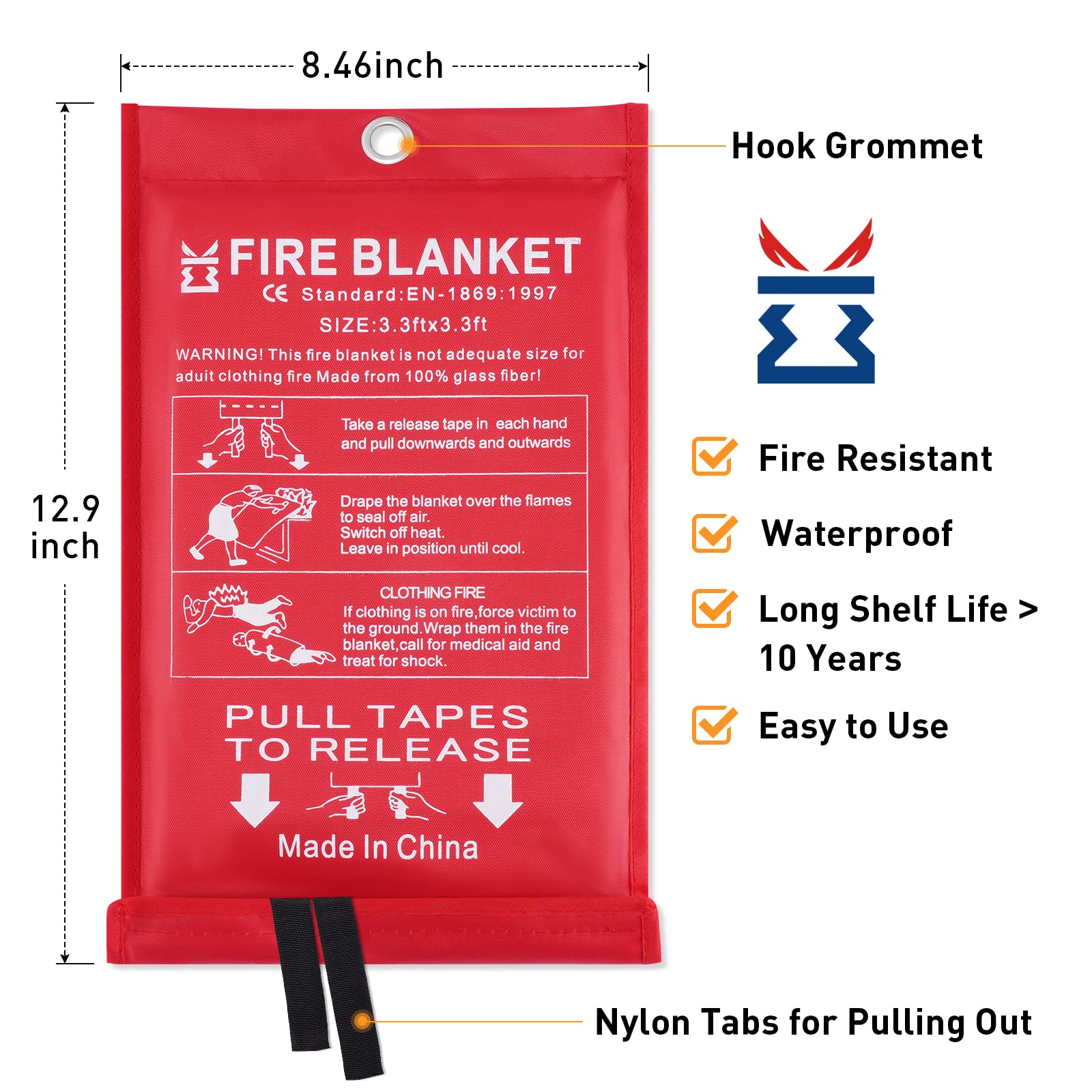 Fire Blanket for Kitchen Home Emergency - Fiberglass Blankets Fire Survival Suspension Flames Retardant Extinguisher for Stove Car Garage Office Camping Caravan BBQ School Fire Safety