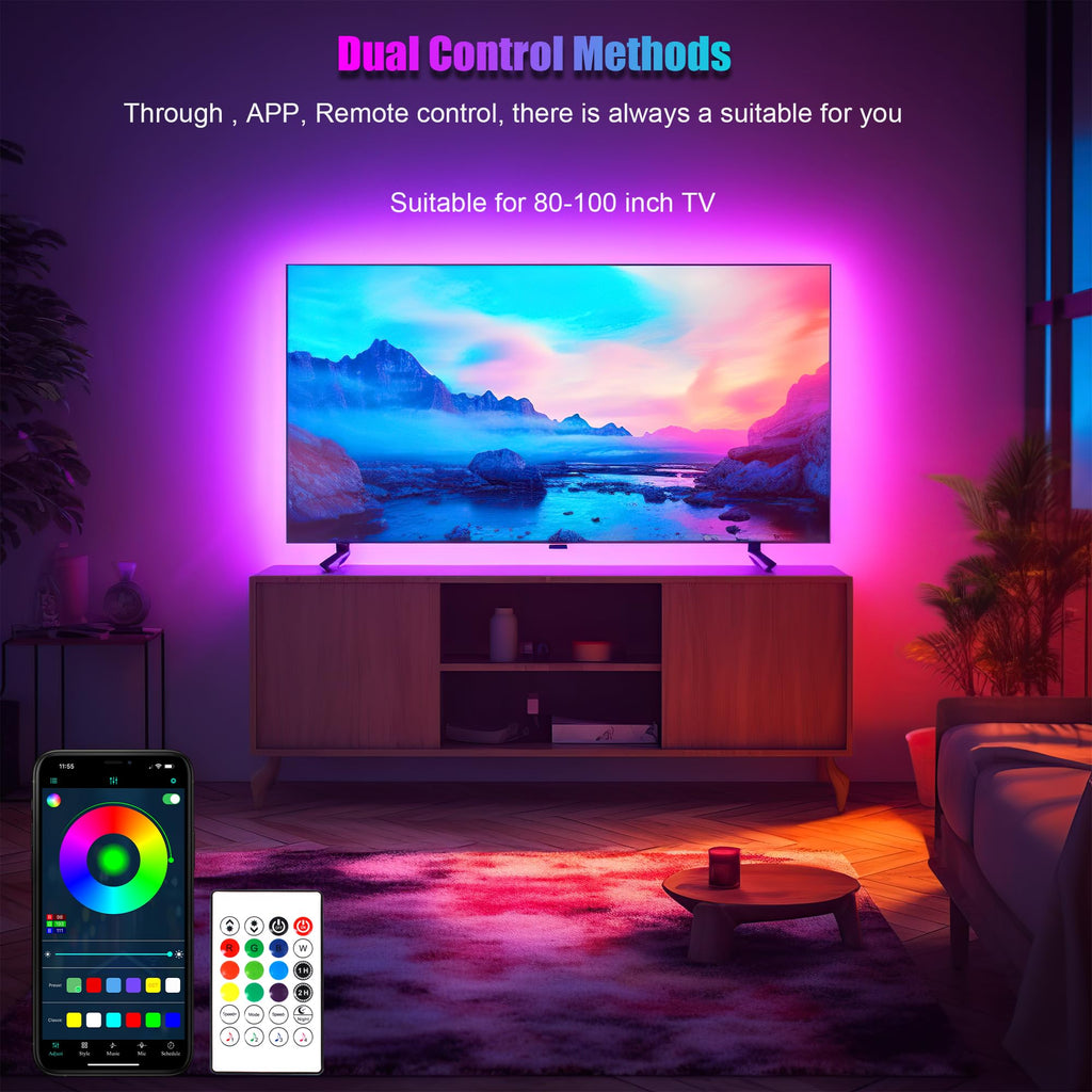 24.6FT LED Lights for TV - ICRGB TV LED Backlight Kit for 80-100 Inch, Work with APP & Remote Control, Music Sync TV LED Lights, TVs Lights Behind, USB Powered
