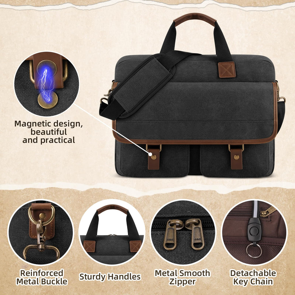 Lubardy Messenger Bag for Men, 15.6 Inch Laptop Bag Computer Office Laptop Bag for Men, Waterproof Work Bags Canvas Messenger Laptop Briefcase Satchel for Business College Travel, Black
