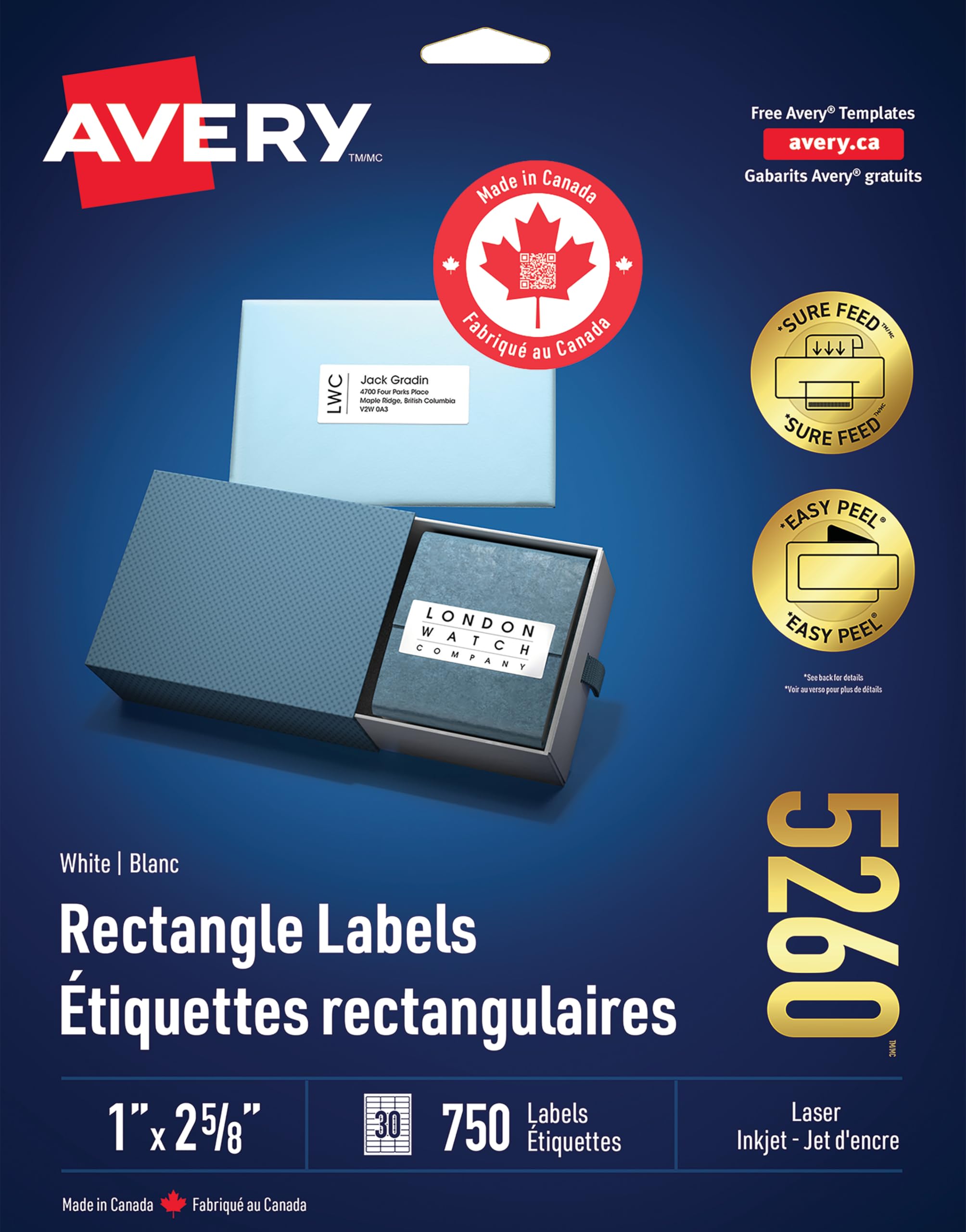 Avery White Rectangle Labels with Easy Peel for Inkjet/Laser Printers, 1" x 2-5/8", White, Rectangle, 750 Labels, Permanent (5260) Made in Canada