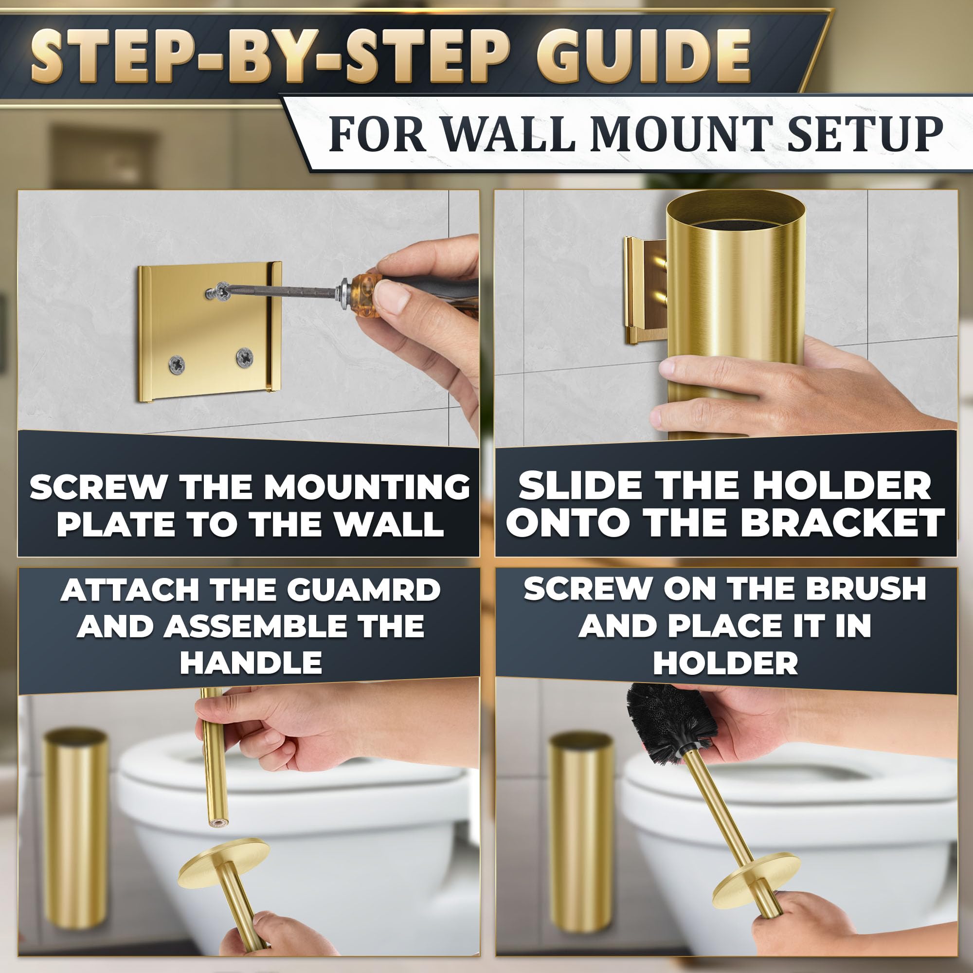 Gold Toilet Brush and Holder Set with Wall Mount - Modern Wall Mounted Toilet Brush Made from Corrosion-Resistant Stainless Steel - Removable Inner Bowl, Splash Protection & Dense Bristles Supplied