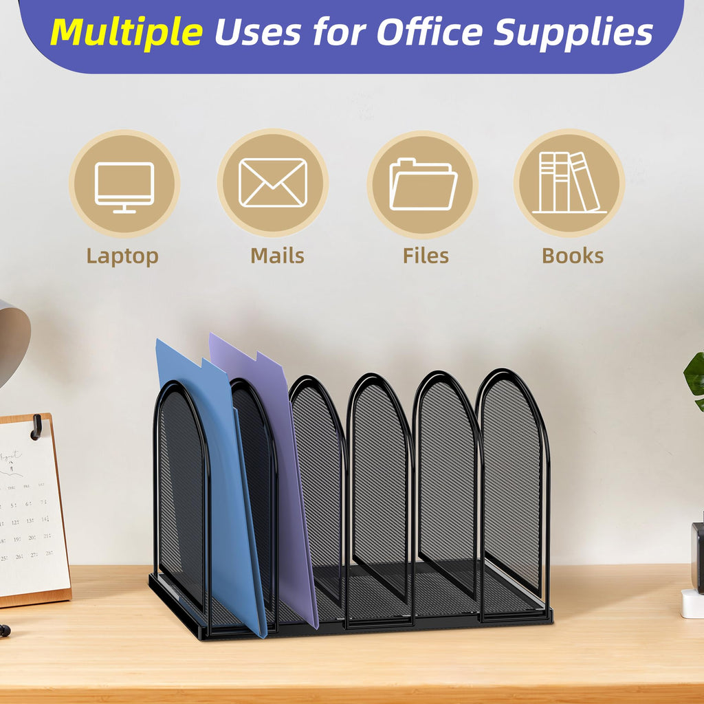 SUPEASY File Organizer for Desk, 5-Section Mesh Desk Organizer, Vertical File Folder Holder for Office Supplies, Black