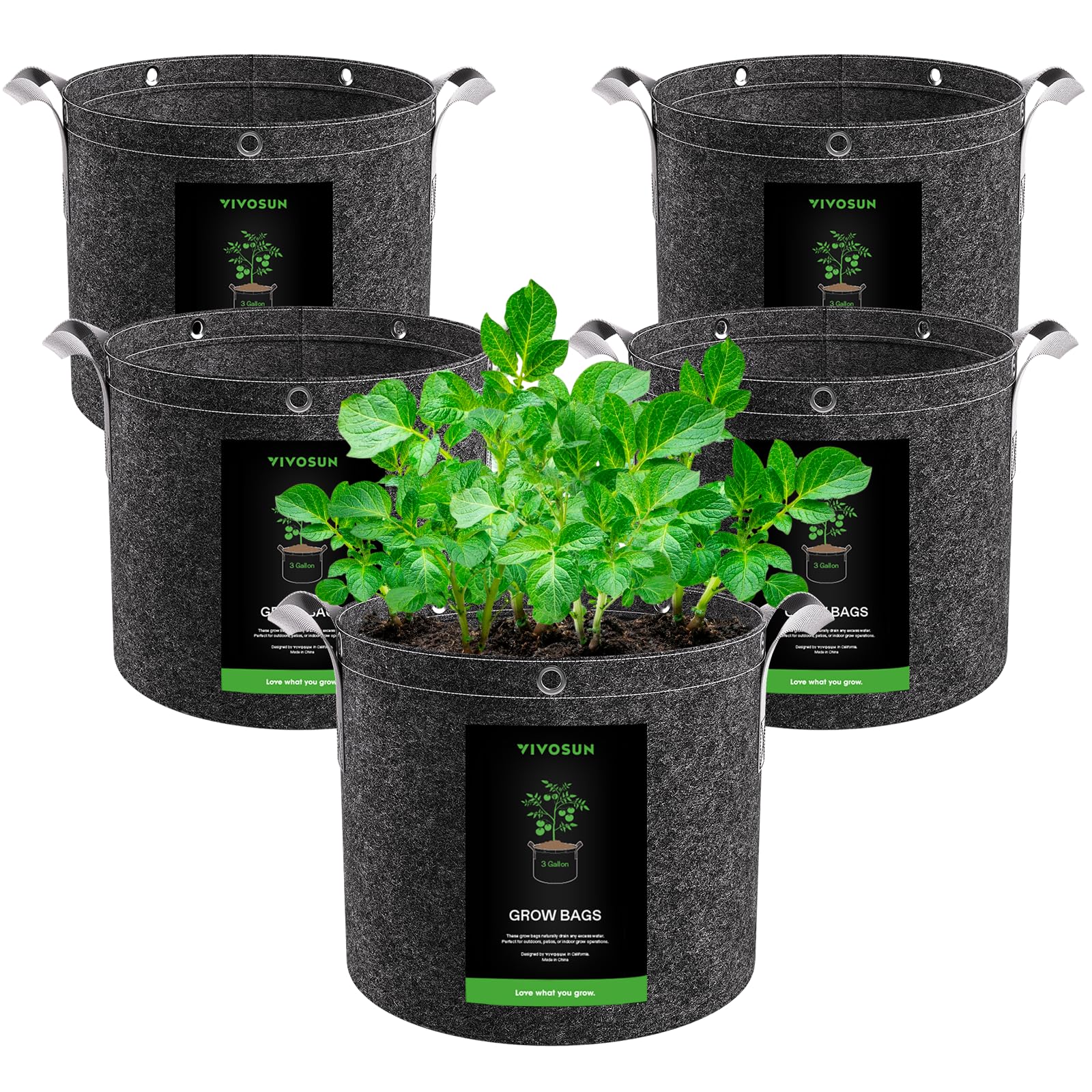 VIVOSUN 5-Pack 3 Gallon Grow Bags, 500G Thick Nonwoven Fabric Pots with Strap Handles, Multi-Purpose Rings, for Low Stress Plant Training Fruits, Vegetables, and Flowers