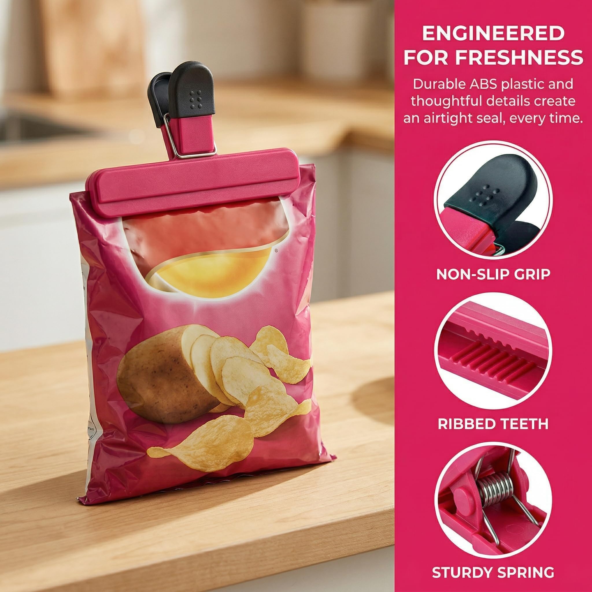 Nicunom 18 Pack Large Chip Bag Clips, 6 Large & 12 Small Food Bag Clips Plastic Heavy Duty Air Tight Seal Grip for Snacks Coffee Vegetables Fruit, 3 Color 2 Size