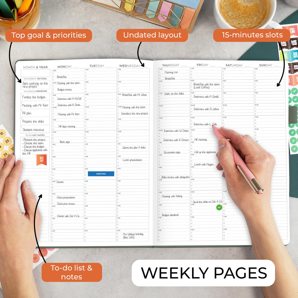 Clever Fox Appointment Book – Hourly Schedule Planner with 15-Minute Increments – Time Box Planner for Daily Work & To-Dos – Weekly & Monthly Spreads, Undated, Hardcover, 8.3x11″ (Cypress)
