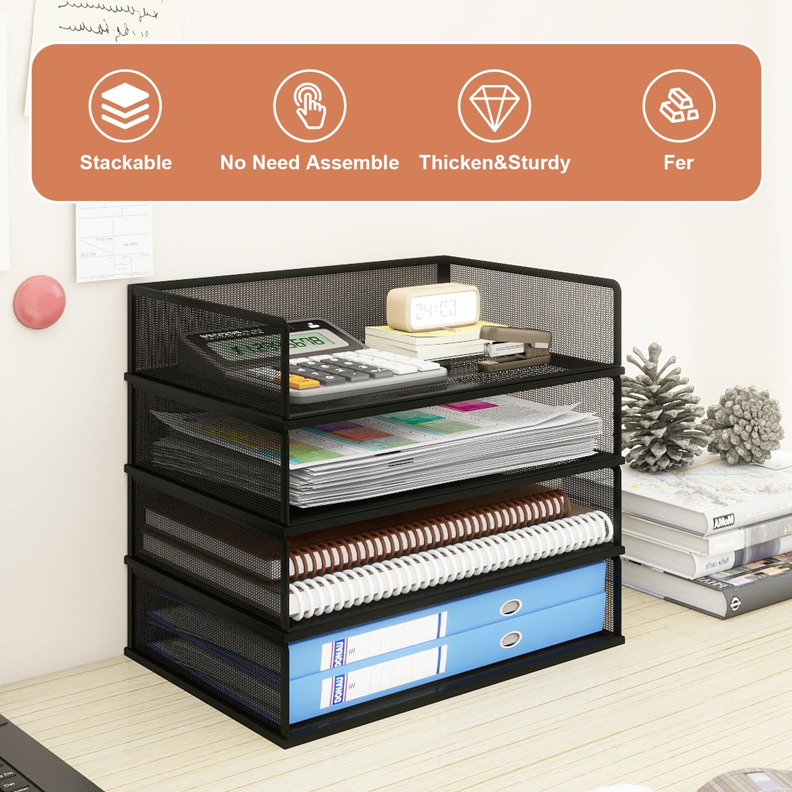Natwind 4 Tier Stackable Paper Trays for Letter Documents, Desktop File Organizers for Office Supplies, Metal Mesh Desk Organizer，Office Organizer，Letter Trays for Home, Office, School，Black