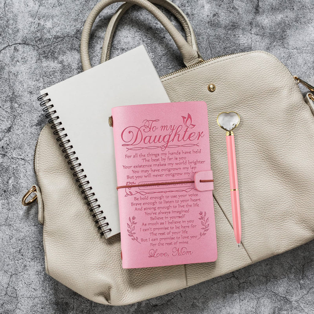 PRSTENLY Daughter Gift from Mom Leather Journal with Heart Diamond Pen Set, to My Daughter Gifts 140 Page Refillable Journal Notebooks, Graduation Christmas Birthday Gift for Daughters from Mom