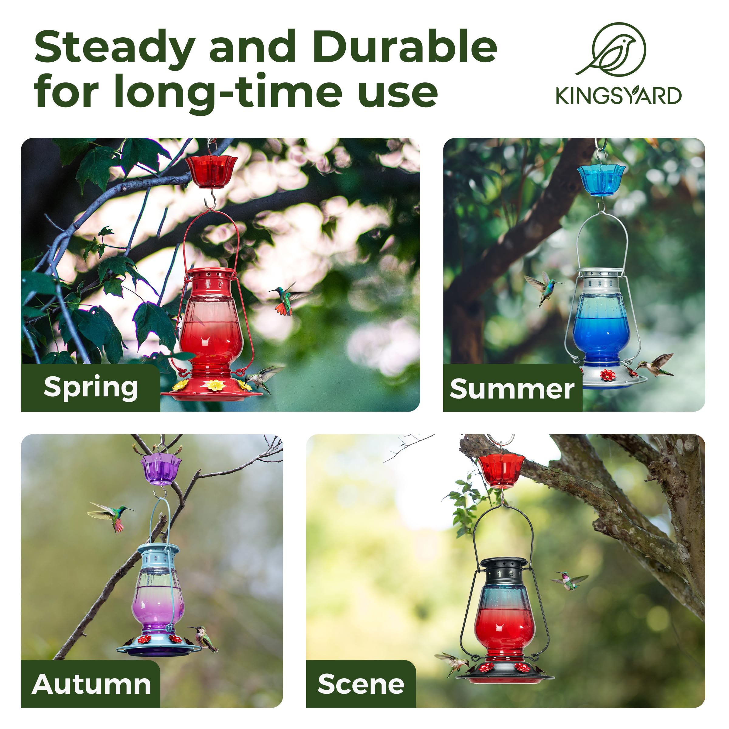 Kingsyard Glass Hummingbird Feeder for Outdoors Hanging - Vintage Lantern Style Leak-Proof Humming Bird Nectar Feeder with 6 Feeding Ports & Ant Moat for Outdoor Garden Decor, 24 Ounce, Red
