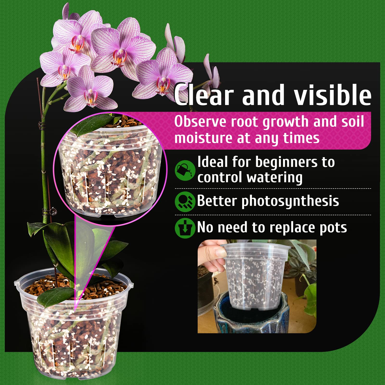 Orchid Pot, 9 Pack Orchid Pots with Holes, 3 Each of 4.8, 5.7 and 6.4 Inch Clear Orchid Pots for Repotting, Plastic Flower Plant Pot Indoor Outdoor, Breathable Slotted Orchids Planter