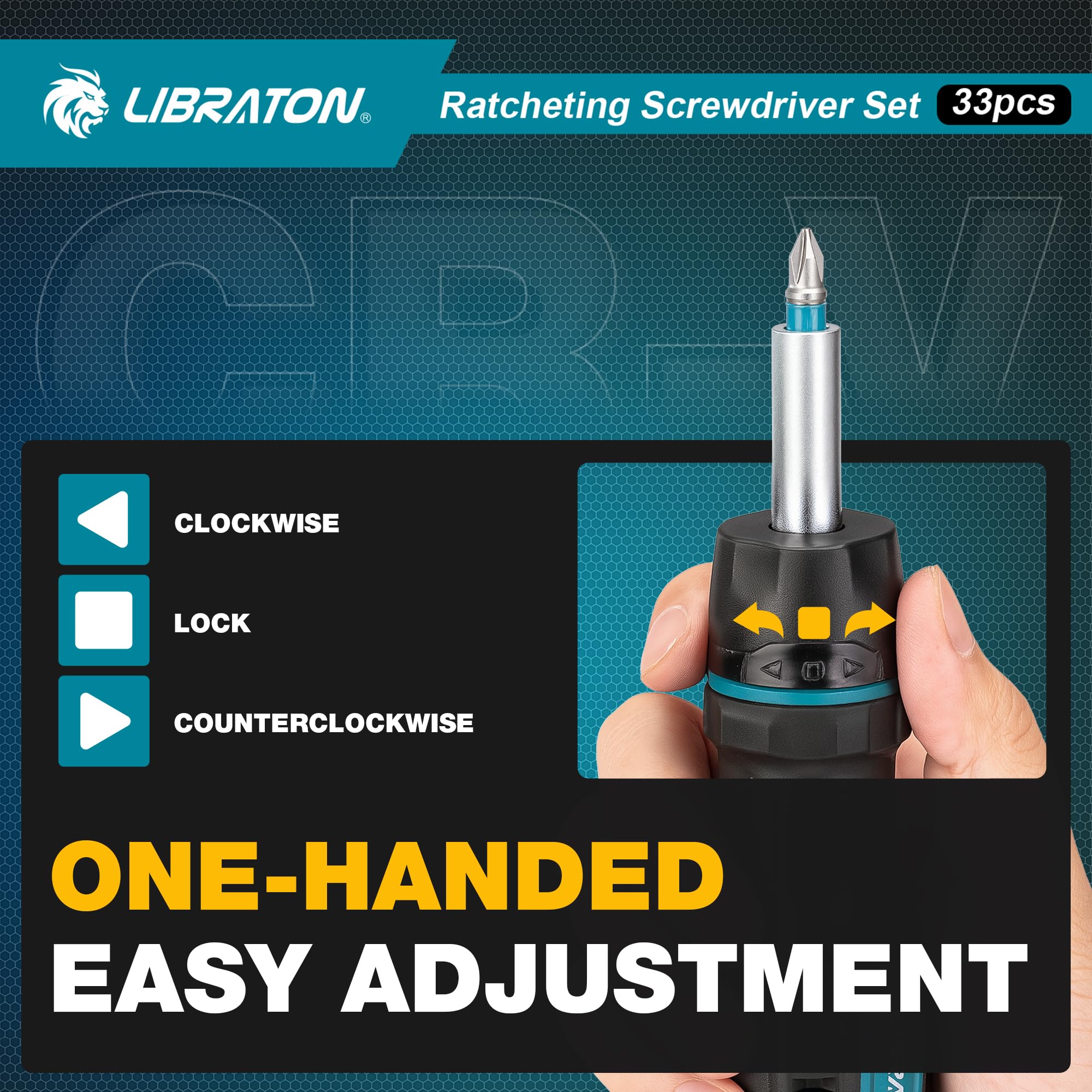 LIBRATON Ratcheting Screwdriver Set, Multi-bit Screwdriver Tool, 33-in-1 Magnetic Ratchet Screw Driver, Slotted/Philips/Pozi/Torx/Hex/Square Bits, Ergonomic Handle for Home, Auto & DIY