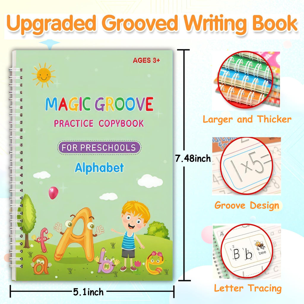 Magic Grooved Writing Practice Books for Reusable Handwriting Workbook with Disappearing Ink Pen & Stickers Practicing Letters, Numbers, Drawing and Math 4 Book Set with Refills