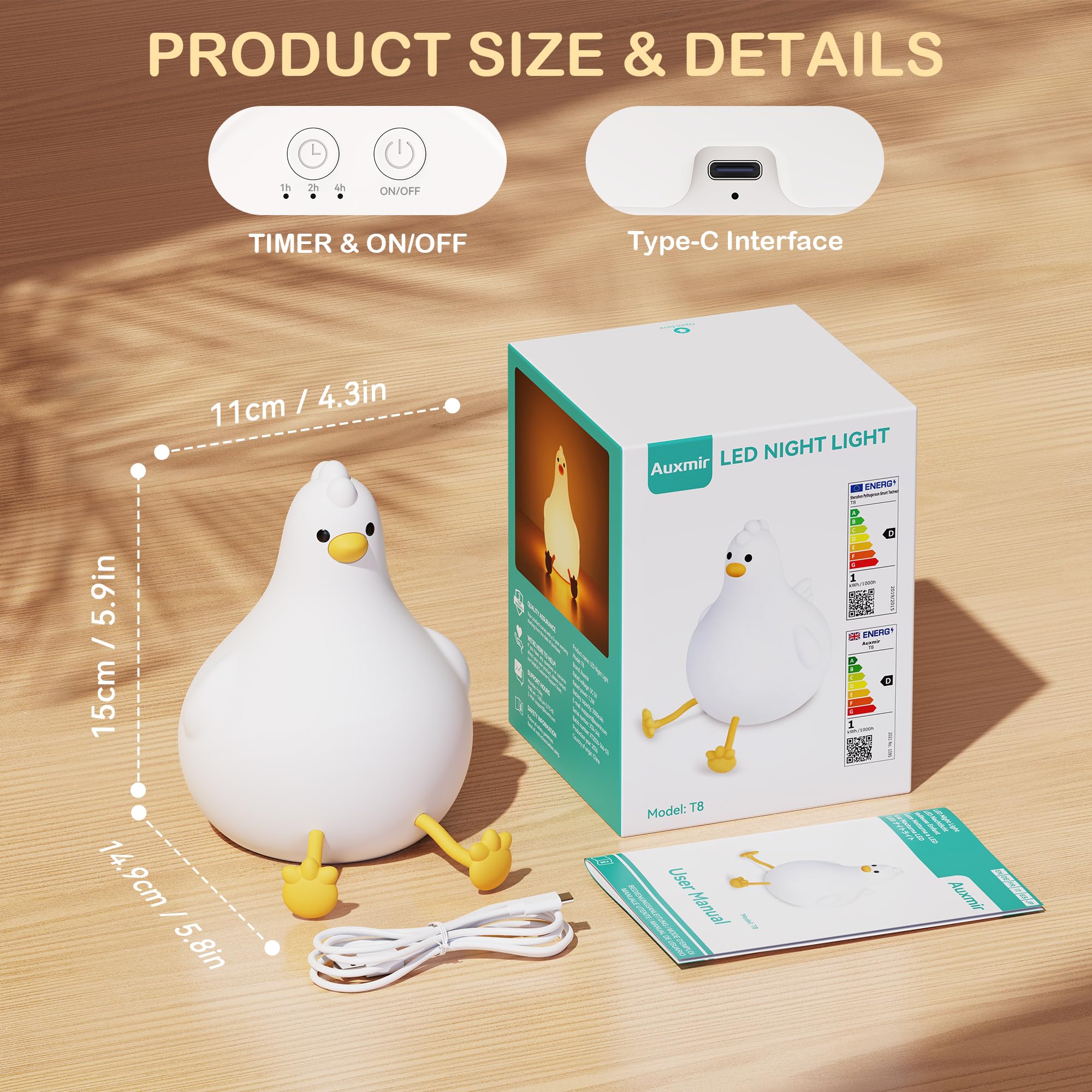 Auxmir Peepi Chick Night Light, Rechargeable LED Night Lamp with 7 Color Modes & 3 Level Brightness, Silicone Sleep Touch Night Light with Timer for Bedroom Nursery Decor, Ideal Gift for Baby Kids